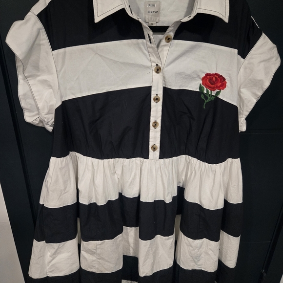 Black and White Striped Dress with Rose Embroidery Maeve Rugby Mini Dress - Picture 3 of 8